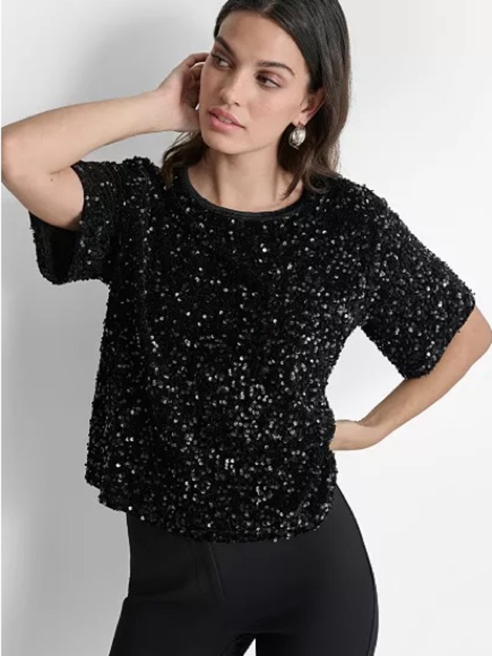 DKNY NWT Black Round Neck Stretch Velvet Short Sleeve Sequin Top Medium